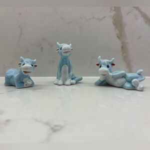 3 Vintage Blue Ceramic Cow Figurines Posing in Pasture Adorable Anthropomorphic